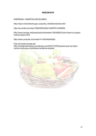 WEBGRAFÍA


WIKIPEDIA. HUERTAS ESCOLARES.

http://www.minambiente.gov.co/portal_infantil/ambiente.html

http://es.scribd.com/doc/16623039/UNA-HUERTA-CASERA

http://www.taringa.net/posts/salud-bienestar/12632692/Como-hacer-tu-propia-
huerta-casera.html

http://www.youtube.com/watch?v=INmIKleWdDs

Foto de fondo tomada de:
http://cantabriaentuboca.wordpress.com/2012/10/04/quieres-que-tus-hijos-
coman-verduras-y-hortalizas-cantabria-recetas/




                                                                           12
 