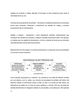 señales de corriente o voltaje. Ejemplo: El termopar, la foto resistencia para medir la
intensidad de la luz, etc.

Circuitos de procesamiento de señales – Consisten en artefactos electrónicos conectados
juntos para manipular, interpretar y transformar las señales de voltaje y corriente
provenientes de los transductores.

Salidas u Outputs – Actuadores u otros dispositivos (también transductores) que
convierten las señales de corriente o voltaje en señales físicamente útiles. Por ejemplo:
un display que nos registre la temperatura, un foco o sistema de luces que se encienda
automáticamente cuando esté oscureciendo.

Básicamente son tres etapas: La primera (transductor), la segunda (circuito procesador)
y la tercera (circuito actuador).

Como ejemplo supongamos un televisor. Su entrada es una señal de difusión recibida
por una antena o por un cable. Los circuitos de procesado de señales del interior del
televisor extraen la información sobre el brillo, el color y el sonido de esta señal. Los
dispositivos de salida son un tubo de rayos catódicos o monitor LCD que convierte las
señales electrónicas en imágenes visibles en una pantalla y unos altavoces. Otro ejemplo
11

 