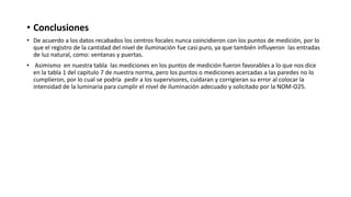 • Conclusiones
• De acuerdo a los datos recabados los centros focales nunca coincidieron con los puntos de medición, por lo
que el registro de la cantidad del nivel de iluminación fue casi puro, ya que también influyeron las entradas
de luz natural, como: ventanas y puertas.
• Asimismo en nuestra tabla las mediciones en los puntos de medición fueron favorables a lo que nos dice
en la tabla 1 del capitulo 7 de nuestra norma, pero los puntos o mediciones acercadas a las paredes no lo
cumplieron, por lo cual se podría pedir a los supervisores, cuidaran y corrigieran su error al colocar la
intensidad de la luminaria para cumplir el nivel de iluminación adecuado y solicitado por la NOM-O25.
 