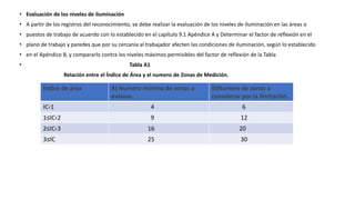 • Evaluación de los niveles de iluminación
• A partir de los registros del reconocimiento, se debe realizar la evaluación de los niveles de iluminación en las áreas o
• puestos de trabajo de acuerdo con lo establecido en el capítulo 9.1 Apéndice A y Determinar el factor de reflexión en el
• plano de trabajo y paredes que por su cercanía al trabajador afecten las condiciones de iluminación, según lo establecido
• en el Apéndice B, y compararlo contra los niveles máximos permisibles del factor de reflexión de la Tabla
• Tabla A1
Relación entre el Índice de Área y el numero de Zonas de Medición.
Índice de área A) Numero mínimo de zonas a
evaluar.
B)Numero de zonas a
considerar por la limitación.
IC‹1 4 6
1≤IC‹2 9 12
2≤IC‹3 16 20
3≤IC 25 30
 