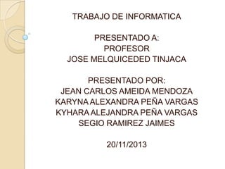 TRABAJO DE INFORMATICA

PRESENTADO A:
PROFESOR
JOSE MELQUICEDED TINJACA
PRESENTADO POR:
JEAN CARLOS AMEIDA MENDOZA
KARYNA ALEXANDRA PEÑA VARGAS
KYHARA ALEJANDRA PEÑA VARGAS
SEGIO RAMIREZ JAIMES
20/11/2013

 