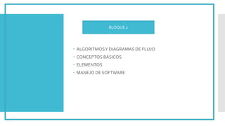 BLOQUE II
“ALGORITMO
SY
DIAGRAMA
DE FLUJO”
 ALGORITMOSY DIAGRAMAS DE FLUJO
 CONCEPTOS BÁSICOS
 ELEMENTOS
 MANEJO DE SOFTWARE
BLOQUE 2
 