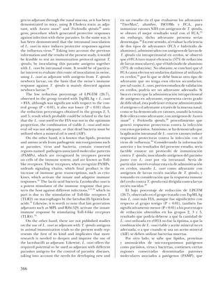gen in adjuvant through the nasal mucosa, as it has been        en un estudio en el que evaluaron los adyuvantes
demonstrated in mice, using B Cholera toxin as adju-            “TiterMax”, alumbre, ISCOMs y FCA, para
vant, with Ascaris suum 27 and Trichinella spiralis 28 anti-    inmunizar ratones NIH con antígenos de T. spiralis,
gens; procedure which generated protective responses            se obtuvo el mejor resultado total con el FCA; 25
against infection with these parasites. In the same way, it     sin embargo, dicho adyuvante presenta serias
has been demonstrated that the intranasal inoculation           desventajas. 26 En este sentido, al evaluar la eﬁciencia
of L. casei in mice induces protective responses against        de dos tipos de adyuvantes (FCA e hidróxido de
the inﬂuenza virus. 29 Taking into account the previous         aluminio), administrados con antígenos de larvas de
information and the results of the present study, it would      T. spiralis vía intraperitoneal en cerdos, se observó
be feasible to test an immunization protocol against T.         que el FCA tuvo mayor eﬁciencia (57% de reducción
spiralis, by inoculating this parasite antigens together        de larvas musculares), que el hidróxido de aluminio
with L. casei by intranasal route. It would be of particu-      (37% de reducción). No obstante, se concluyó que el
lar interest to evaluate this route of inoculation in swine,    FCA causa efectos secundarios dañinos al utilizarlo
using L. casei as adjuvant with antigens from T. spiralis       en cerdos, 26 por lo que se debe buscar otro tipo de
newborn larvae, on the basis that the swine’s immune            adyuvante que no tenga esos efectos secundarios;
response against T. spiralis is mainly directed against         por tal razón, L. casei, previos estudios de validación
newborn larvae. 30                                              en cerdos, podría ser un adyuvante adecuado. Si
    The low reduction percentage of LPGTM (26.7),               bien es cierto que la administración intraperitoneal
observed in the group treated with TspMLAg + L. casei           de antígeno en adyuvante, representa cierto grado
+ FIA, although was signiﬁcant with respect to the con-         de diﬁcultad, ésta podría ser evitarse administrando
trol group (P < 0.01), it also was lower (P < 0.01) than        el antígeno y el adyuvante a través de la mucosa nasal,
the reduction percentages obtained in the groups 2, 3,          como se ha demostrado en ratones, usando la toxina
and 5; result which probably could be related to the fact       B de cólera como adyuvante, con antígenos de Ascaris
that the L. casei used in the FIA was not in the optimum        suum 27 y Trichinella spiralis, 28 procedimiento que
proportion, the combination of viable L. casei and min-         generó respuestas protectoras contra la infección
eral oil was not adequate, or that dead bacteria must be        con estos parásitos. Asimismo, se ha demostrado que
utilized when a mineral oil is used (AIF).                      la aplicación intranasal de L. casei en ratones induce
    On the other hand, it is known that lipids, proteins        respuestas protectoras contra la infección con el
and amino acids from pathogenic microorganisms such             virus de inﬂuenza. 29 Considerando la información
as parasites, virus and bacteria, contain conserved             anterior y los resultados del presente estudio, sería
regions named pathogen-associated molecular patterns            factible ensayar un protocolo de inmunización
(PAMPs), which are recognized by receptors present              contra T. spiralis, inoculando antígenos del parásito
on cells of the immune system, and are known as Toll-           junto con L. casei por vía intranasal. Sería de
like receptors. These receptors, when recognize PAMPs,          particular interés evaluar esta vía de administración
unleash signaling chains, which ﬁnal product is the             en cerdos, usando L. casei como adyuvante con
increase of immune gene transcriptions, such as cyto-           antígenos de larvas recién nacidas de T. spiralis, y
kines, which activate the innate and adaptive immune            tomando en consideración que la respuesta inmune
responses. 31 The lactic-acid bacteria Lactobacillus casei is   del cerdo contra T. spiralis está dirigida contra larvas
a potent stimulator of the immune response that pro-            recién nacidas. 30
tects the host against different infections, 9,12,32 which in       El bajo porcentaje de reducción de LPGTM
part is due to the stimulation of Toll-like receptors 2         (26.7), observado en el grupo tratado con TspMLAg
(TLR2) on macrophages by the lactobacilli lipoteichoic          más L. casei más FIA, aunque fue signiﬁcativo con
acids. 33 Likewise, it is worth to note that last generation    respecto al grupo testigo (P < 0.01), también fue
adjuvants such as MPL and Ribi.529, activate the innate         signiﬁcativamente menor (P < 0.01) a los porcentajes
immune response by stimulating Toll-4-like receptors            de reducción obtenidos en los grupos 2, 3 y 5,
(TLR4). 34                                                      resultado que podría deberse a que la cantidad de
    On the other hand, there are not published studies          L. casei utilizada en el FIA no fue la óptima, a que la
on the use of L. casei as adjuvant with T. spiralis antigens    combinación de L. casei viable y aceite mineral no es
in animal immunization trials so the present study rep-         adecuada, o a que cuando se usa un aceite mineral
resents the ﬁrst of its kind and implicates that more           (AIF) se deben utilizar bacterias muertas.
research is needed to deepen and improve the use of                 Por otro lado, se sabe que lípidos, proteínas
the lactobacilli as adjuvant. Likewise, L. casei offers the     y aminoácidos de microorganismos patógenos
required potential to be used as adjuvant with different        como parásitos, virus y bacterias, contienen ciertas
parasites antigens for the control of parasitic diseases,       regiones conservadas denominadas patrones
taking into account the needs for developing new and            moleculares asociados a patógenos (PAMP), que


366
 