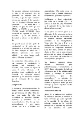 Se expresan diferentes combinaciones
de más de 17 receptores para las
quimiocinas en diferentes tipos de
leucocitos, lo que da lugar a diferentes
patrones de migración de los leucocitos.
Hay 10 receptores diferentes para las
quimiocinas CC, las llamas CCR1 a
CCR10; seis para las CXC que son
CXCR1 a CXCR6 y una para la
CX3CL1 llamada CX3CL1R1. Estos
receptores se expresan en todos los
leucocitos y en más número y
diversidad se observa en los linfocitos
T.9
En general existe un alto grado de
promiscuidad en la unión de las
quimiocinas a su receptor, de modo que
un mismo receptor se puede unir a
diferentes quimiocinas con similar
afinidad y un mismo ligando puede
unirse a diferentes receptores.11
Las quimiocinas extravasculares son las
que provocan la quimiocinesis o
migración del movimiento de
leucocitos. Éstas además de regular el
tráfico de células linfocitarias y de
leucocitos, tienen participación en el
desarrollo de diferentes órganos
linfocitarios y son necesarias así mismo
en el movimiento de las células
dendríticas.
Complemento
El sistema de complemento es capaz de
derivar distintos factores quimiotácticos
que provienen de CS: C5a y C5a-des-
arg; cuya acción ha sido bien
determinada en neutrófilos, basófilos,
monocitos y eosinófilos. En los
polimorfonucleares, C5a-des-arg tiene
aproximadamente 10 veces menos
potencia que C5a y requiere una
coquimiotaxina. C5a actúa sobre un
ligando-receptor y estimula quimiotaxis,
desgranulación y estallido respiratorio12
Posiblemente el factor quimiotáctico
más activo es el péptido C5a y su
derivado el C5a des. arg. Provenientes
de la activación de las vías clásica o
alterna del complemento.13
La vía clásica es activada gracias a la
elaboración de los complejos Ag-Ac, a
diferencia de las dos vías restantes que
se impulsan mediante mecanismos
autónomos a las inmunoglobulinas.
Todas estas vías van a llevar a la
producción de las C3-convertasas y a la
activación del componente mayoritario
(C3). Por último, empieza un período
efector o lítico con el establecimiento
del complejo de ataque a la membrana
(MAC) que acarrea a la destrucción del
microorganismo patógeno.14
Los linfocitos producen algunas
linfocinas leucotácticas para
polimorfonucleares y mononucleares. El
LDCF (factor quimiotáctico derivado de
linfocitos) es una de las linfocinas mejor
definidas y constituye un excelente
quimioatractante para los
mononucleares.11 La activación del
sistema del complemento tiene como
resultado el ingreso de líquido que lleva
anticuerpo y células fagocíticas al sitio
de entrada de antígeno.7
Moléculas de adhesión
Dentro de las moléculas que participan
en la salida de leucocitos de los vasos se
tienen moléculas que están expresadas
en la superficie de las células del
endotelio. Además de las moléculas
presentes en el endotelio hay moléculas
en los leucocitos; las cuales
 