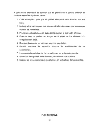 18
A partir de la alternativa de solución que se plantea en el párrafo anterior, se
pretende lograr las siguientes metas:
1. Crear un espacio para que los padres compartan una actividad con sus
hijos.
2. Motivar a los padres para que acudan al taller dos veces por semana por
espacio de 30 minutos.
3. Promover en los alumnos en gusto por la danza y la expresión artística.
4. Propiciar que los padres se pongan en el papel de los alumnos y lo
compartan con ellos.
5. Disminuir la pena de los padres y alumnos para bailar.
6. Permitir mediante la expresión corporal la manifestación de los
sentimientos.
7. Incrementar la participación de los padres en las actividades escolar.
8. Involucrar a los padres en la actividad para motivar los alumnos.
9. Mejorar las presentaciones de los alumnos en festivales y demás eventos.
PLAN OPERATIVO
 