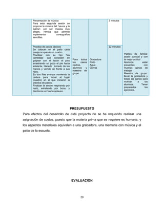 20
Presentación de música
Para esta segunda sesión se
propone la música del “sauce y la
palma”, por ser música muy
alegre, rítmica que permite
implementar coreografías
sencillas.
Para todos
los casos
padres,
alumnos y
maestra de
grupo.
Grabadora
Patio
Agua
Gorras
3 minutos
Padres de familia:
asistir puntual y con
la mejor actitud
Alumnos: estar
presentes con
muchas ganas de
trabajar
Maestra de grupo:
llevar la grabadora y
todas las ganas para
motivar a los
alumnos. Tener
preparados los
ejercicios.
Practica de pasos básicos
Se colocan en el patio cada
pareja ocupando un cuadro.
Practicar con su hijo “las
carretillas” que consisten en
golpear con el tacón el piso
arrastrando un poco el pie hacia
adelante. Hacerlo tomado de las
manos y viendo de frente a sus
hijos.
En dos filas avanzar moviendo la
cadera para tomar el lugar
(cuadro) en el que iniciaron la
práctica de pasos.
Finalizar la sesión respirando por
nariz, exhalando por boca, y
dándonos un fuerte aplauso.
22 minutos
PRESUPUESTO
Para efectos del desarrollo de este proyecto no se ha requerido realizar una
asignación de costos, puesto que la materia prima que se requiere es humana, y
los aspectos materiales equivalen a una grabadora, una memoria con música y el
patio de la escuela.
EVALUACIÓN
 