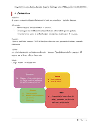 Proyecto Innovación. Batalla, Carcedo, Carpena, Díaz-Vega, Sainz. 4ºB Educación Infantil. 2014/2015
1 | P á g i n a
1. Planteamiento
Problema:
Se observa en algunos niños conducta negativa hacia sus compañeros y hacia los docentes.
Dificultades:
- Oposición de los niños a modificar su conducta.
- No conseguir una modificación de la conducta del niño/a todo lo que nos gustaría.
- No contar con el apoyo de las familias para conseguir esa modificación de conducta.
Duración:
Un curso académico completo (2015-2016). Quince intervenciones, por medio de talleres, una cada
catorce días.
Agentes:
Los principales agentes implicados son docentes y alumnos. Además éstos serán los receptores del
proceso que se lleve a cabo en el proyecto.
Dónde:
Colegio Nuestra Señora de la Paz.
 