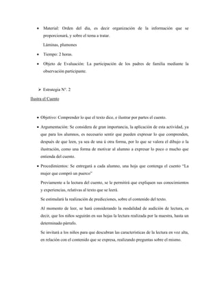 •    Material: Orden del día, es decir organización de la información que se
        proporcionará, y sobre el tema a tratar.

        Láminas, plumones

   •    Tiempo: 2 horas.

   •    Objeto de Evaluación: La participación de los padres de familia mediante la
        observación participante.



        Estrategia N°. 2

Ilustra el Cuento



   • Objetivo: Comprender lo que el texto dice, e ilustrar por partes el cuento.

   • Argumentación: Se considera de gran importancia, la aplicación de esta actividad, ya
       que para los alumnos, es necesario sentir que pueden expresar lo que comprenden,
       después de que leen, ya sea de una ú otra forma, por lo que se valora el dibujo o la
       ilustración, como una forma de motivar al alumno a expresar lo poco o mucho que
       entienda del cuento.

   • Procedimientos: Se entregará a cada alumno, una hoja que contenga el cuento “La
       mujer que compró un puerco”

       Previamente a la lectura del cuento, se le permitirá que expliquen sus conocimientos
       y experiencias, relativas al texto que se leerá.

       Se estimulará la realización de predicciones, sobre el contenido del texto.

       Al momento de leer, se hará considerando la modalidad de audición de lectura, es
       decir, que los niños seguirán en sus hojas la lectura realizada por la maestra, hasta un
       determinado párrafo.

       Se invitará a los niños para que descubran las características de la lectura en voz alta,
       en relación con el contenido que se expresa, realizando preguntas sobre el mismo.
 