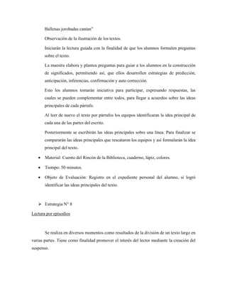 Ballenas jorobadas cantan”

       Observación de la ilustración de los textos.

       Iniciarán la lectura guiada con la finalidad de que los alumnos formulen preguntas
       sobre el texto.

       La maestra elabora y plantea preguntas para guiar a los alumnos en la construcción
       de significados, permitiendo así, que ellos desarrollen estrategias de predicción,
       anticipación, inferencias, confirmación y auto corrección.

       Esto los alumnos tomarán iniciativa para participar, expresando respuestas, las
       cuales se pueden complementar entre todos, para llegar a acuerdos sobre las ideas
       principales de cada párrafo.

       Al leer de nuevo el texto por párrafos los equipos identificaran la idea principal de
       cada una de las partes del escrito.

       Posteriormente se escribirán las ideas principales sobre una línea. Para finalizar se
       compararán las ideas principales que rescataron los equipos y así formularán la idea
       principal del texto.

   •   Material: Cuento del Rincón de la Biblioteca, cuaderno, lápiz, colores.

   •   Tiempo: 50 minutos.

   •   Objeto de Evaluación: Registro en el expediente personal del alumno, si logró
       identificar las ideas principales del texto.



       Estrategia N° 8

Lectura por episodios



       Se realiza en diversos momentos como resultados de la división de un texto largo en
varias partes. Tiene como finalidad promover el interés del lector mediante la creación del
suspenso.
 
