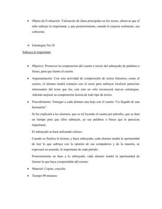 •   Objeto de Evaluación: Valoración de ideas principales en los textos, observar que el
       niño subraye lo importante, y que posteriormente, cuando lo exprese oralmente, sea
       coherente.



       Estrategias No.10

Subraya lo importante



   •   Objetivo: Promover la comprensión del cuento a través del subrayado de palabras o
       frases, para que ilustre el cuento.

   •   Argumentación: Con esta actividad de comprensión de textos literarios, como el
       cuento, el alumno tendrá contacto con el curso para subrayar localizar partecitas
       interesantes del texto que lee, con esto no sólo reconocerá nuevas estrategias.
       Además mejorar su comprensión lectora de todo tipo de textos.

   •   Procedimiento: Entregar a cada alumno una hoja con el cuento “La llegada de una
       hermanita”.

       Se les explicará a los alumnos, que se irá leyendo el cuento por párrafos, que se dará
       un tiempo para que ellos subrayen, ya sea palabras o frases que le parezcan
       importante.

       El subrayado se hará utilizando colores.

       Cuando se finalice la lectura, y haya subrayado, cada alumno tendrá la oportunidad
       de leer lo que subraye con la opinión de sus compañeros y de la maestra, se
       expresará en acuerdo, lo importante de cada párrafo.

       Posteriormente en base a lo subrayado, cada alumno tendrá la oportunidad de
       ilustrar lo que haya comprendido del cuento.

   •   Material: Copias, crayolas

   •   Tiempo:90 minutos
 