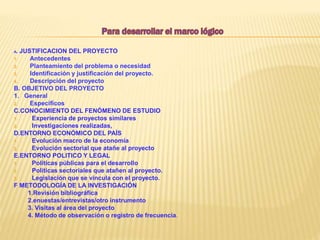 A. JUSTIFICACION DEL PROYECTO
1. Antecedentes
2. Planteamiento del problema o necesidad
3. Identificación y justificación del proyecto.
4. Descripción del proyecto
B. OBJETIVO DEL PROYECTO
1. General
2. Específicos
C.CONOCIMIENTO DEL FENÓMENO DE ESTUDIO
1. Experiencia de proyectos similares
2. Investigaciones realizadas,
D.ENTORNO ECONÓMICO DEL PAÍS
1. Evolución macro de la economía
2. Evolución sectorial que atañe al proyecto
E.ENTORNO POLITICO Y LEGAL
1. Políticas públicas para el desarrollo
2. Políticas sectoriales que atañen al proyecto.
3. Legislación que se vincula con el proyecto.
F METODOLOGÍA DE LA INVESTIGACIÓN
1.Revisión bibliográfica
2.enuestas/entrevistas/otro instrumento
3. Visitas al área del proyecto
4. Método de observación o registro de frecuencia.
 