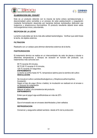 12
ELABORACION DEL YOGURT
Este es un producto obtenido con la mezcla de leche entera semidescremada o
descremadaen polvo sometida a un proceso de sobe pasteurización y coagulación
mediante fermentación desarrolla por bacterias lácticas lactobasillus delbruekii ssp
bulgaricos y streptococcus thermophilus. El producto resultante deberá tener estos
microorganismos vivos y abundantes.
RECPCION DE LA LECHE
La leche cruda debe ser de la más alta calidad bacteriológica. Verificar que esté limpia
la leche, de objetos externos.
FILTRACION
Realizarlo con un cedazo para eliminar elementos externos de la leche.
PASTEURIZACION
El tratamiento térmico se realiza en un intercambiador de calor de placas o tubular a
diferentes temperaturas y tiempos de duración en función del producto. Los
tratamientos más comunes son:
85 ºC durante 30 minutos,
90 ºC-95 ºC durante 5-10 minutos,
120 ºC durante 3-5 segundos.
ENFRIAMIENTO
La leche se enfría hasta 43 ºC, temperatura óptima para la siembra del cultivo
INOCULACION
Se inocula el cultivo Lactobacillusbulgaricus y Streptococusthermophilus .
Incubación
Según el tipo de yogur (firme o batido), la incubación se realizará en el envase o
en tanques de coagulación
HOMOGENIZACION
Mejorar el sabor y la consistencia del producto.
ENFRIAMIENTO
Evitar que el yogurt siga acidificándose en más de 250
c
ENVASADO
Que el envasado sea en envases desinfectados y bien sellados
REFRIGERACION
Conservar y asegurarla calidad sanitaria desde el fin de la producción
 