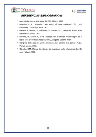 21
REFERENCIAS BIBLIOGRAFICAS
 Alais, Ch,La ciencia de la leche, CECSA, México, 1992.
 Atherthon,H. V. , Chemistry and testing of diary products,4ª. Ed. , AVI
Publishing, Connecticut, EUA, 1977.
 Battisttti, B. Botazzi, V., Piecinardi, A., Volpato, G., Quesos del mundo, Elfos
Barcelona, España, 1983.
 Beerens, H., Luquet, F,. Guía practica para el análisis microbiológico de la
leche y los productos lácteos ACRIBIA, Zaragoza, España, 1987.
 Congreso de los Estados Unidos Mexicanos, Ley General de la Salud, 17ª. Ed.,
Porrua, México, 2002.
 Córdoba, R.M., Manual de métodos de análisis de leche y lacticinios, Ed. Del
autor, México, 1976.
 