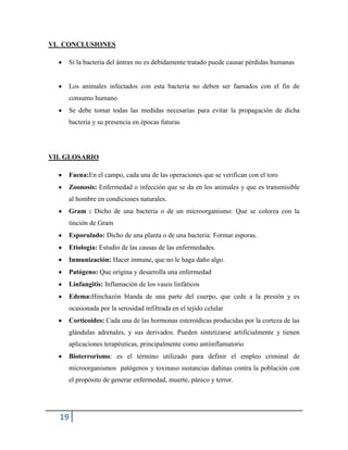19
VI. CONCLUSIONES
Si la bacteria del ántrax no es debidamente tratado puede causar pérdidas humanas
Los animales infectados con esta bacteria no deben ser faenados con el fin de
consumo humano
Se debe tomar todas las medidas necesarias para evitar la propagación de dicha
bacteria y su presencia en épocas futuras
VII. GLOSARIO
Faena:En el campo, cada una de las operaciones que se verifican con el toro
Zoonosis: Enfermedad o infección que se da en los animales y que es transmisible
al hombre en condiciones naturales.
Gram : Dicho de una bacteria o de un microorganismo: Que se colorea con la
tinción de Gram
Esporulado: Dicho de una planta o de una bacteria: Formar esporas.
Etiología: Estudio de las causas de las enfermedades.
Inmunización: Hacer inmune, que no le haga daño algo.
Patógeno: Que origina y desarrolla una enfermedad
Linfangitis: Inflamación de los vasos linfáticos
Edema:Hinchazón blanda de una parte del cuerpo, que cede a la presión y es
ocasionada por la serosidad infiltrada en el tejido celular
Corticoides: Cada una de las hormonas esteroídicas producidas por la corteza de las
glándulas adrenales, y sus derivados. Pueden sintetizarse artificialmente y tienen
aplicaciones terapéuticas, principalmente como antiinflamatorio
Bioterrorismo: es el término utilizado para definir el empleo criminal de
microorganismos patógenos y toxinaso sustancias dañinas contra la población con
el propósito de generar enfermedad, muerte, pánico y terror.
 