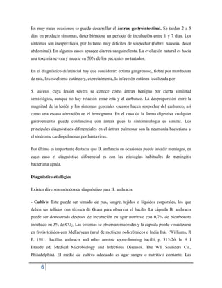6
En muy raras ocasiones se puede desarrollar el ántrax gastrointestinal. Se tardan 2 a 5
días en producir síntomas, describiéndose un período de incubación entre 1 y 7 días. Los
síntomas son inespecíficos, por lo tanto muy difíciles de sospechar (fiebre, náuseas, dolor
abdominal). En algunos casos aparece diarrea sanguinolenta. La evolución natural es hacia
una toxemia severa y muerte en 50% de los pacientes no tratados.
En el diagnóstico diferencial hay que considerar: ectima gangrenoso, fiebre por mordedura
de rata, loxoscelismo cutáneo y, especialmente, la infección cutánea localizada por
S. aureus, cuya lesión severa se conoce como ántrax benigno por cierta similitud
semiológica, aunque no hay relación entre ésta y el carbunco. La desproporción entre la
magnitud de la lesión y los síntomas generales escasos hacen sospechar del carbunco, así
como una escasa alteración en el hemograma. En el caso de la forma digestiva cualquier
gastroenteritis puede confundirse con ántrax pues la sintomatología es similar. Los
principales diagnósticos diferenciales en el ántrax pulmonar son la neumonía bacteriana y
el síndrome cardiopulmonar por hantavirus.
Por último es importante destacar que B. anthracis en ocasiones puede invadir meninges, en
cuyo caso el diagnóstico diferencial es con las etiologías habituales de meningitis
bacteriana aguda.
Diagnóstico etiológico
Existen diversos métodos de diagnóstico para B. anthracis:
- Cultivo: Este puede ser tomado de pus, sangre, tejidos o líquidos corporales, los que
deben ser teñidos con técnica de Gram para observar el bacilo. La cápsula B. anthracis
puede ser demostrada después de incubación en agar nutritivo con 0,7% de bicarbonato
incubado en 3% de CO2. Las colonias se observan mucoides y la cápsula puede visualizarse
en frotis teñidos con McFadyean (azul de metileno policrómico) o India Ink. (Williams, R
P. 1981. Bacillus anthracis and other aerobic spore-forming bacilli, p. 315-26. In A I
Braude ed, Medical Microbiology and Infectious Diseases. The WB Saunders Co.,
Philadelphia). El medio de cultivo adecuado es agar sangre o nutritivo corriente. Las
 