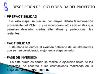  PREFACTIBILIDAD
En esta etapa se precisa con mayor detalle la información
proveniente del PERFIL y se incorporan datos adicionales que
permitan descartar ciertas alternativas y perfeccionar las
restantes.
 FACTIBILIDAD
Esta etapa se enfoca al examen detallado de las alternativas
que se han considerado mejor en la etapa anterior.
 FASE DE INVERSION
En este punto es donde se realiza la ejecución física de los
proyectos, de acuerdo a las estimaciones realizadas en la
etapa de. la PREINVERSION.
 