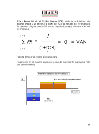 6.2.4.­Rentabilidad 
del Capital Propio (TOR). Mide la rentabilidad del 
capital propio y se obtiene a partir del flujo de fondos del inversionista. 
Se calcula, al igual que la TIR, como aquella tasa que anula el VAN del 
inversionista. 
59 
i = n 1 
å FFi * ­­­­­­­­­­­­­­­­­­ 
= 0 = VAN 
i = 1 (1+TOR) 
i 
Todo lo anterior se refiere al inversionista 
Finalmente en el cuadro siguiente se puede apreciar la ganancia neta 
por peso invertido 
$ 
TAM AÑO Ó PTIMO DE INVERS IÓ N 
Más 
inver siones 
Más beneficios (hasta cier to punto) 
tiempo 
 