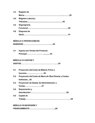 4.3 Registro de
Marca……………………………………………………...………..39
4.4 Régimen Laboral y
Tributario.....................................................................45
4.5 Organigrama
Funcional………………………………………………………...49
4.6 Diagrama de
Gantt………………………………………………………………51
MÓDULO V:PROYECCIÓN DE
INGRESOS…………………………………….…...52
5.1 Ingreso por Ventas del Producto
Principal………………………..............53
MÓDULO VI:COSTOS Y
GASTOS……………………………………………….…...54
6.1 Proyección del Costo de Materia Prima e
Insumos…………………….…55
6.2 Proyección del Costo de Mano de Obra Directa y Costos
Indirectos....56
6.3 Proyección de Gastos de Administración y
Ventas………………………57
6.4 Depreciación y
Amortización………………………………………………….58
6.5 Capital de
Trabajo……………………………………………………………….59
MÓDULO VII:INVERSIÓN Y
FINANCIAMIENTO……………………………….…...60
 