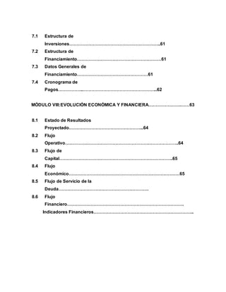 7.1 Estructura de
Inversiones……………………………………………………..61
7.2 Estructura de
Financiamiento…………………………………………………61
7.3 Datos Generales de
Financiamiento…………………………………………61
7.4 Cronograma de
Pagos……………..…………………………………………...62
MÓDULO VIII:EVOLUCIÓN ECONÓMICA Y FINANCIERA………………….……63
8.1 Estado de Resultados
Proyectado…………………………………………...64
8.2 Flujo
Operativo…………………………………………………………………..64
8.3 Flujo de
Capital…………………………………………………………………..65
8.4 Flujo
Económico…………………………………………………………………65
8.5 Flujo de Servicio de la
Deuda…………………………………………………….
8.6 Flujo
Financiero…………………………………………………………………….
Indicadores Financieros…………………………………………………………..
 