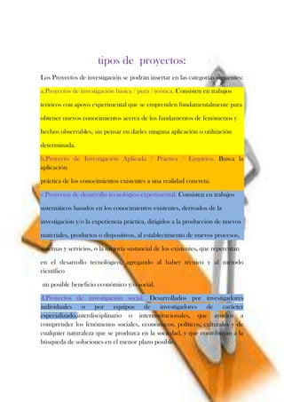 tipos de proyectos:
Los Proyectos de investigación se podrán insertar en las categorías siguientes:
a.Proyectos de investigación básica / pura / teórica. Consisten en trabajos
teóricos con apoyo experimental que se emprenden fundamentalmente para
obtener nuevos conocimientos acerca de los fundamentos de fenómenos y
hechos observables, sin pensar en darles ninguna aplicación o utilización
determinada.
b.Proyecto de Investigación Aplicada / Práctica / Empírica. Busca la
aplicación
práctica de los conocimientos existentes a una realidad concreta.
c.Proyectos de desarrollo tecnológico experimental. Consisten en trabajos
sistemáticos basados en los conocimientos existentes, derivados de la
investigación y/o la experiencia práctica, dirigidos a la producción de nuevos
materiales, productos o dispositivos, al establecimiento de nuevos procesos,
sistemas y servicios, o la mejoría sustancial de los existentes, que repercutan
en el desarrollo tecnológico, agregando al haber técnico y al método
científico
un posible beneficio económico y/o social.
d.Proyectos de investigación social. Desarrollados por investigadores
individuales o por equipos de investigadores de carácter
especializado,interdisciplinario o interinstitucionales, que ayuden a
comprender los fenómenos sociales, económicos, políticos, culturales y de
cualquier naturaleza que se produzca en la sociedad, y que contribuyan a la
búsqueda de soluciones en el menor plazo posible.
 