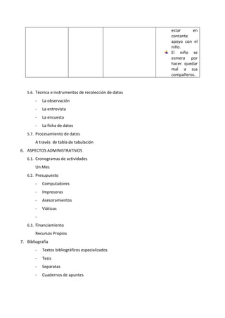 estar en
contante
apoyo con el
niño.
El niño se
esmera por
hacer quedar
mal a sus
compañeros.
5.6. Técnica e instrumentos de recolección de datos
- La observación
- La entrevista
- La encuesta
- La ficha de datos
5.7. Procesamiento de datos
A través de tabla de tabulación
6. ASPECTOS ADMINISTRATIVOS
6.1. Cronogramas de actividades
Un Mes
6.2. Presupuesto
- Computadores
- Impresoras
- Asesoramientos
- Viáticos
-
6.3. Financiamiento
Recursos Propios
7. Bibliografía
- Textos bibliográficos especializados
- Tesis
- Separatas
- Cuadernos de apuntes
 