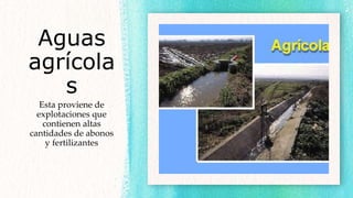 Aguas
agrícola
s
Esta proviene de
explotaciones que
contienen altas
cantidades de abonos
y fertilizantes
 