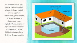 La recuperación de agua
pluvial consiste en filtrar
el agua de lluvia captada
en una superficie
determinada, generalmente
el tejado o azotea, y
almacenarla en un
depósito. Posteriormente el
agua tratada se distribuye
a través de un circuito
hidráulico independiente
de la red de agua potable.
 