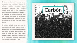 El carbono "activado" permite atraer
compuestos que contienen átomos de
carbono, también conocidos como
compuestos orgánicos. Este carbono
cargado atrae sólo a los compuestos
orgánicos u otros contaminantes cargados y
los mantiene en el filtro cuando el agua
pasa a través del mismo. Al no permitir
que los contaminantes pasen con el agua,
se quedarán en el filtro hasta que este se
deseche.
El carbón activado tiene un área de
superficie grande, puede atraer y retener a
la mayoría de los contaminantes orgánicos
que pasan. El carbón activado en sí no
altera el sabor del agua, pero puede
mejorar el sabor mediante la eliminación
de los compuestos orgánicos que pueden
darle al agua un mal sabor u olor.
Carbón
 