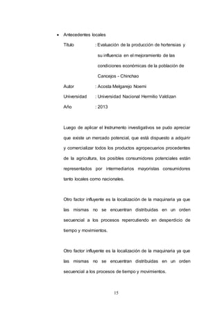 15 
 Antecedentes locales 
Título : Evaluación de la producción de hortensias y 
su influencia en el mejoramiento de las 
condiciones económicas de la población de 
Cancejos - Chinchao 
Autor : Acosta Melgarejo Noemi 
Universidad : Universidad Nacional Hermilio Valdizan 
Año : 2013 
Luego de aplicar el Instrumento investigativos se pudo apreciar 
que existe un mercado potencial, que está dispuesto a adquirir 
y comercializar todos los productos agropecuarios procedentes 
de la agricultura, los posibles consumidores potenciales están 
representados por intermediarios mayoristas consumidores 
tanto locales como nacionales. 
Otro factor influyente es la localización de la maquinaria ya que 
las mismas no se encuentran distribuidas en un orden 
secuencial a los procesos repercutiendo en desperdicio de 
tiempo y movimientos. 
Otro factor influyente es la localización de la maquinaria ya que 
las mismas no se encuentran distribuidas en un orden 
secuencial a los procesos de tiempo y movimientos. 
 