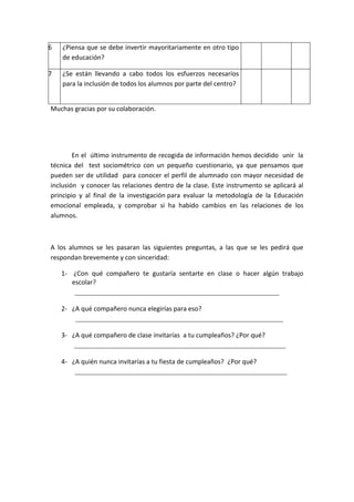 Muchas gracias por su colaboración.
En el último instrumento de recogida de información hemos decidido unir la
técnica del test sociométrico con un pequeño cuestionario, ya que pensamos que
pueden ser de utilidad para conocer el perfil de alumnado con mayor necesidad de
inclusión y conocer las relaciones dentro de la clase. Este instrumento se aplicará al
principio y al final de la investigación para evaluar la metodología de la Educación
emocional empleada, y comprobar si ha habido cambios en las relaciones de los
alumnos.
A los alumnos se les pasaran las siguientes preguntas, a las que se les pedirá que
respondan brevemente y con sinceridad:
1- ¿Con qué compañero te gustaría sentarte en clase o hacer algún trabajo
escolar?
2- ¿A qué compañero nunca elegirías para eso?
3- ¿A qué compañero de clase invitarías a tu cumpleaños? ¿Por qué?
4- ¿A quién nunca invitarías a tu fiesta de cumpleaños? ¿Por qué?
6 ¿Piensa que se debe invertir mayoritariamente en otro tipo
de educación?
7 ¿Se están llevando a cabo todos los esfuerzos necesarios
para la inclusión de todos los alumnos por parte del centro?
 