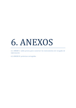 6. ANEXOS
6.1 ANEXO I: tabla previa para construir los instrumentos de recogida de
información.
6.2 ANEXO II: prácticas corregidas
 
