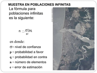 MUESTRA EN POBLACIONES INFINITAS 
La fórmula para 
poblaciones infinitas 
es la siguiente: 
²pq 
n 
e2 
en donde: 
= niv...