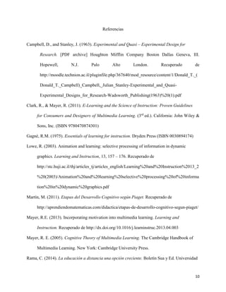 10
Referencias
Campbell, D., and Stanley, J. (1963). Experimental and Quasi – Experimental Design for
Research. [PDF archive] Houghton Mifflin Company Boston Dallas Geneva, III.
Hopewell, N.J. Palo Alto London. Recuperado de
http://moodle.technion.ac.il/pluginfile.php/367640/mod_resource/content/1/Donald_T._(
Donald_T._Campbell)_Campbell,_Julian_Stanley-Experimental_and_Quasi-
Experimental_Designs_for_Research-Wadsworth_Publishing(1963)%20(1).pdf
Clark, R., & Mayer, R. (2011). E-Learning and the Science of Instruction: Proven Guidelines
for Consumers and Designers of Multimedia Learning. (3rd
ed.). California: John Wiley &
Sons, Inc. (ISBN 9780470874301)
Gagné, R.M. (1975). Essentials of learning for instruction. Dryden Press (ISBN 0030894174)
Lowe, R. (2003). Animation and learning: selective processing of information in dynamic
graphics. Learning and Instruction, 13, 157 – 176. Recuperado de
http://stc.huji.ac.il/thj/articles_tj/articles_english/Learning%20and%20Instruction%2013_2
%20(2003)/Animation%20and%20learning%20selective%20processing%20of%20informa
tion%20in%20dynamic%20graphics.pdf
Martín, M. (2011). Etapas del Desarrollo Cognitivo según Piaget. Recuperado de
http://aprendiendomatematicas.com/didactica/etapas-de-desarrollo-cognitivo-segun-piaget/
Mayer, R.E. (2013). Incorporating motivation into multimedia learning. Learning and
Instruction. Recuperado de http://dx.doi.org/10.1016/j.learninstruc.2013.04.003
Mayer, R. E. (2005). Cognitive Theory of Multimedia Learning. The Cambridge Handbook of
Multimedia Learning. New York: Cambridge University Press.
Rama, C. (2014). La educación a distancia una opción creciente. Boletín Sua y Ed. Universidad
 