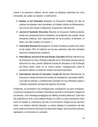 30
cuanto a la educación artística, de las cuales se destacan solamente las cinco
principales, las cuales se muestran a continuación;
 Studies in Art Education [Estudios en Educación Artística] En ella se
publican los debates más importantes en Estados Unidos de Norteamérica,
que son los que acaban configurando el panorama internacional.
 Journal of Aesthetic Education [Revista de Educación Estética] aborda,
desde una perspectiva teórica y filosófica, los problemas del conjunto de las
disciplinas artísticas, pero especialmente los de la poesía, la literatura, el
teatro, las artes visuales y la música. }
 Visual Arts Research [Investigación en Artes Visuales] se publica dos veces
al año desde 1975. En relación con las dos anteriores está más orientada
hacia las investigaciones empíricas.
 International Journal of Art and Design Education [Revista Internacional
de Educación en Arte y Diseño] publicada por la “Sociedad nacional para la
educación en arte y diseño” [National Society for Education in Art & Design]
del Reino Unido, reúne en un mismo número investigaciones sobre la
educación artística en todos los niveles del sistema educativo.
 International Journal of Education Trough Art [Revista Internacional de
Educación a través del Arte] es la revista de investigación que publica InSEA,
y por ello los artículos y contribuciones proceden de muy diferentes países y
contextos educativos de todas las regiones del mundo.
Finalmente, se encontraron dos investigaciones investigación con gran semejanza.
La primera investigación es titulada “Importancia del Arte en la formación integral de
los alumnos. (Una estrategia pedagógica con talleres de artes plásticas)”. Esta obra
fue publicada por Irma Lucia Calderón Burgos en 2003, en esta investigación tiene
como fin resaltar la importancia del arte en la formación integral de los alumnos
frente a un entorno definido (Bogotá). La autora destaca la importancia del arte
como medio primordial en el proceso de desarrollo integral, que le permite al alumno
expresarse y comunicarse en sociedad.
 