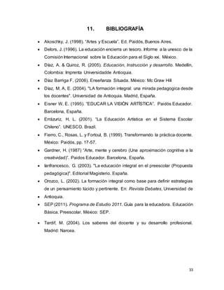 33
11. BIBLIOGRAFÍA
 Akoschky, J. (1998). “Artes y Escuela”. Ed. Paidós, Buenos Aires.
 Delors, J. (1996). La educación encierra un tesoro. Informe a la unesco de la
Comisión Internacional sobre la Educación para el Siglo xxi. México.
 Díaz, A. & Quiroz, R. (2005). Educación, Instrucción y desarrollo. Medellín,
Colombia: Imprenta Universidadde Antioquia.
 Díaz Barriga F. (2006). Enseñanza Situada. México: Mc Graw Hill
 Díaz, M, A, E. (2004). "LA formación integral: una mirada pedagogica desde
los docentes". Universidad de Antioquia. Madrid, España.
 Eisner W, E. (1995). “EDUCAR LA VISIÓN ARTÍSTICA”. Paidós Educador.
Barcelona, España.
 Errázuriz, H, L. (2001). “La Educación Artística en el Sistema Escolar
Chileno”. UNESCO. Brazil.
 Fierro, C., Rosas, L. y Fortoul, B. (1999). Transformando la práctica docente.
México: Paidós, pp. 17-57.
 Gardner, H. (1987) “Arte, mente y cerebro (Una aproximación cognitiva a la
creatividad)”. Paidos Educador. Barcelona, España.
 Ianfrancesco, G. (2003). "La educación integral en el preescolar (Propuesta
pedagógica)". Editorial Magisterio. España.
 Orozco, L. (2002). La formación integral como base para definir estrategias
de un pensamiento lúcido y pertinente. En: Revista Debates, Universidad de
 Antioquia.
 SEP (2011). Programa de Estudio 2011. Guía para la educadora. Educación
Básica. Preescolar. México: SEP.
 Tardif, M. (2004). Los saberes del docente y su desarrollo profesional.
Madrid: Narcea.
 