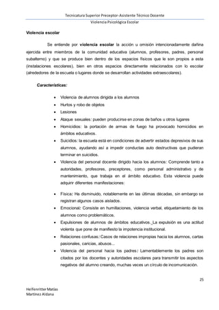 Tecnicatura Superior Preceptor-Asistente Técnico Docente
Violencia Psicológica Escolar
25
HelfenritterMatías
Martínez Aldana
Violencia escolar
Se entiende por violencia escolar la acción u omisión intencionadamente dañina
ejercida entre miembros de la comunidad educativa (alumnos, profesores, padres, personal
subalterno) y que se produce bien dentro de los espacios físicos que le son propios a esta
(instalaciones escolares), bien en otros espacios directamente relacionados con lo escolar
(alrededores de la escuela o lugares donde se desarrollan actividades extraescolares).
Características:
 Violencia de alumnos dirigida a los alumnos
 Hurtos y robo de objetos
 Lesiones
 Ataque sexuales: pueden producirse en zonas de baños u otros lugares
 Homicidios: la portación de armas de fuego ha provocado homicidios en
ámbitos educativos.
 Suicidios: la escuela está en condiciones de advertir estados depresivos de sus
alumnos, ayudando así a impedir conductas auto destructivas que pudieran
terminar en suicidios.
 Violencia del personal docente dirigido hacia los alumnos: Comprende tanto a
autoridades, profesores, preceptores, como personal administrativo y de
mantenimiento, que trabaja en el ámbito educativo. Esta violencia puede
adquirir diferentes manifestaciones:
 Física: Ha disminuido, notablemente en las últimas décadas, sin embargo se
registran algunos casos aislados.
 Emocional: Consiste en humillaciones, violencia verbal, etiquetamiento de los
alumnos como problemáticos.
 Expulsiones de alumnos de ámbitos educativos. La expulsión es una actitud
violenta que pone de manifiesto la impotencia institucional.
 Relaciones confusas: Casos de relaciones impropias hacia los alumnos, cartas
pasionales, caricias, abusos...
 Violencia del personal hacia los padres: Lamentablemente los padres son
citados por los docentes y autoridades escolares para transmitir los aspectos
negativos del alumno creando, muchas veces un círculo de incomunicación.
 