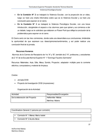 Tecnicatura Superior Preceptor-Asistente Técnico Docente
Violencia Psicológica Escolar
37
HelfenritterMatías
Martínez Aldana
 En la Comisión N° 2 se trabajará la Violencia Escolar, con la proyección de un video,
luego se hará una charla informativa sobre que es la Violencia Escolar y se hará una
conclusión para exponer en el cierre.
 En la Comisión N° 3 se trabajará la Violencia Psicológica Escolar, con una breve
introducción, otorgándole el espacio a los alumnos para que opinen y se comience a dar
un debate, luego se le solicitara que elaboren un Power Pont que refleje la conclusión de la
problemática para exponer en el cierre.
El Cierre será con las tres comisiones, donde cada una desarrollara sus conclusiones, bridándole
la oportunidad de que expresen sus ideas/opiniones/sentimientos, y así poder realizar una
conclusión final de la jornada.
Recursos Humanos
Alumnos de la Carrera de Receptoría de 1ro “A” y “B”, también de 2 “A”, profesores, y estudiantes
de 2 “A” de la Escuela Normal Superior N° 1 “Domingo Faustino Sarmiento”
Recursos Materiales: Aula, Silla, Mesa, Sonido, Proyector, adaptador múltiple para la corriente
eléctrica, computadora y material de limpieza.
Costos:
 Jornada $100
 Proyecto de Investigación $100 (impresiones)
Organización de la Actividad
Actividad Responsables/Encargados
De la elaboración del Proyecto Helfenritter Matías
Martínez Aldana
Coordinadora General (1 persona por comisión)
 Comisión N° 1 Mierez María Isabel
 Comisión N° 2 Acuña Alicia
 