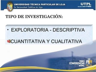 TIPO DE INVESTIGACIÓN: EXPLORATORIA - DESCRIPTIVA CUANTITATIVA Y CUALITATIVA 