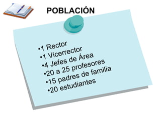 POBLACIÓN  1 Rector 1 Vicerrector 4 Jefes de Área 20 a 25 profesores 15 padres de familia 20 estudiantes 