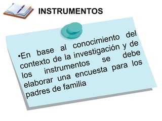 INSTRUMENTOS  En base al conocimiento del contexto de la investigación y de los instrumentos se debe elaborar una encuesta para los padres de familia 