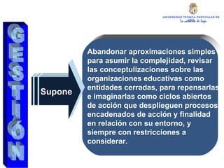UNIVERSIDAD TECNICA PARTICULAR DE LOJA La católica de Loja GESTIÓN Supone   Abandonar aproximaciones simples para asumir la complejidad, revisar las conceptulizaciones sobre las organizaciones educativas como entidades cerradas, para repensarlas e imaginarlas como ciclos abiertos de acción que desplieguen procesos encadenados de acción y finalidad en relación con su entorno, y siempre con restricciones a considerar.  