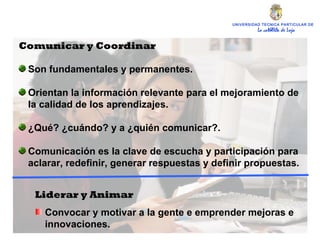 UNIVERSIDAD TECNICA PARTICULAR DE LOJA La católica de Loja Comunicar y Coordinar   Son fundamentales y permanentes. Orientan la información relevante para el mejoramiento de la calidad de los aprendizajes. ¿Qué? ¿cuándo? y a ¿quién comunicar?. Comunicación es la clave de escucha y participación para aclarar, redefinir, generar respuestas y definir propuestas. Liderar y Animar   Convocar y motivar a la gente e emprender mejoras e innovaciones. 