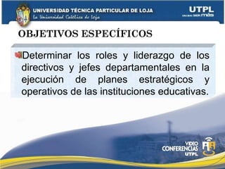 Determinar los roles y liderazgo de los directivos y jefes departamentales en la ejecución de planes estratégicos y operativos de las instituciones educativas. OBJETIVOS ESPECÍFICOS 