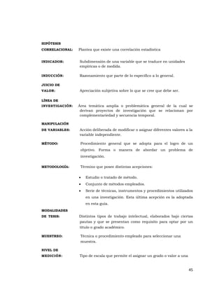 HIPÓTESIS
CORRELACIONAL:   Plantea que existe una correlación estadística


INDICADOR:       Subdimensión de una variable que se traduce en unidades
                 empíricas o de medida.

INDUCCIÓN:       Razonamiento que parte de lo específico a lo general.

JUICIO DE
VALOR:           Apreciación subjetiva sobre lo que se cree que debe ser.

LÍNEA DE
INVESTIGACIÓN:   Área temática amplia o problemática general de la cual se
                  derivan proyectos de investigación que se relacionan por
                  complementariedad y secuencia temporal.

MANIPULACIÓN
DE VARIABLES:    Acción deliberada de modificar o asignar diferentes valores a la
                 variable independiente.

MÉTODO:           Procedimiento general que se adopta para el logro de un
                  objetivo. Forma o manera de abordar un problema de
                  investigación.

METODOLOGÍA:      Término que posee distintas acepciones:

                 •   Estudio o tratado de método.
                 •   Conjunto de métodos empleados.
                 •   Serie de técnicas, instrumentos y procedimientos utilizados
                     en una investigación. Esta última acepción es la adoptada
                     en esta guía.
MODALIDADES
DE TESIS:        Distintos tipos de trabajo intelectual, elaborados bajo ciertas
                 pautas y que se presentan como requisito para optar por un
                 título o grado académico.

MUESTREO:         Técnica o procedimiento empleado para seleccionar una
                  muestra.

NIVEL DE
MEDICIÓN:        Tipo de escala que permite el asignar un grado o valor a una


                                                                                45 
                                                                                   
 