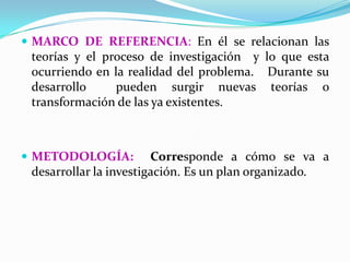  MARCO DE REFERENCIA: En él se relacionan las
 teorías y el proceso de investigación y lo que esta
 ocurriendo en la realidad del problema. Durante su
 desarrollo     pueden surgir nuevas teorías o
 transformación de las ya existentes.



 METODOLOGÍA:          Corresponde a cómo se va a
 desarrollar la investigación. Es un plan organizado.
 