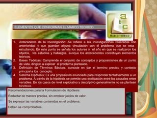 ELEMENTOS QUE CONFORMAN EL MARCO TEORICO.
1. Antecedente de la Investigación: Se refiere a las investigaciones realizadas con
anterioridad y que guardan alguna vinculación con el problema que se esta
estudiando. En este punto se señala los autores y el año en que se realizaron los
objetos, los estudios y hallazgos, aunque los antecedentes constituyan elementos
teóricos.
2. Bases Teóricas: Comprende el conjunto de conceptos y proposiciones de un punto
de vista, dirigido a explicar el problema planteado.
3. Definición de Términos Básicos: consiste en dar el termino preciso y contexto
principal a los concepto.
4. Sistema Hipótesis: Es una proposición enunciada para responder tentativamente a un
problema. A través de la hipótesis se permite una explicación entre los causales entre
variables. En los casos de nivel explorativo y descriptivo generalmente no se plantean
hipótesis.
Recomendaciones para la Formulacion de Hipótesis:
Redactar de manera precisa, sin emplear juicios de valor.
Se expresar las variables contenidas en el problema.
Deben se comprobables.
 