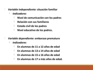  Variable independiente: situación familiar
 Indicadores
 Nivel de comunicación con los padres
 Relación con sus familiares
 Estado civil de los padres
 Nivel educativo de los padres.
 Variable dependiente: embarazo prematuro
 Indicadores
 En alumnas de 11 a 12 años de edad
 En alumnas de 13 a 14 años de edad
 En alumnas de 15 a 16 años de edad
 En alumnas de 17 a más años de edad.
 
