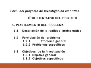 Perfil del proyecto de investigación científica 
TÍTULO TENTATIVO DEL PROYECTO
 
1. PLANTEAMIENTO DEL PROBLEMA
1.1 Descripción de la realidad problemática
1.2 Formulación del problema
1.2.1 Problema general
1.2.2 Problemas específicos
1.3 Objetivos de la investigación
1.3.1 Objetivo general
1.3.2 Objetivos específicos
 
