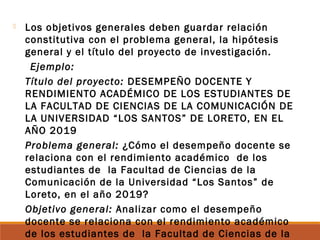  Los objetivos generales deben guardar relación
constitutiva con el problema general, la hipótesis
general y el título del proyecto de investigación.
Ejemplo:
Título del proyecto: DESEMPEÑO DOCENTE Y
RENDIMIENTO ACADÉMICO DE LOS ESTUDIANTES DE
LA FACULTAD DE CIENCIAS DE LA COMUNICACIÓN DE
LA UNIVERSIDAD “LOS SANTOS” DE LORETO, EN EL
AÑO 2019
Problema general: ¿Cómo el desempeño docente se
relaciona con el rendimiento académico de los
estudiantes de la Facultad de Ciencias de la
Comunicación de la Universidad “Los Santos” de
Loreto, en el año 2019?
Objetivo general: Analizar como el desempeño
docente se relaciona con el rendimiento académico
de los estudiantes de la Facultad de Ciencias de la
 