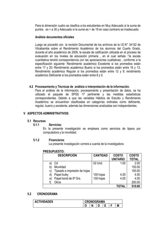 Para la dimensión cuatro se clasifica a los estudiantes en Muy Adecuado si la suma de
         puntos es > a 30 y Adecuado si la suma es > de 19 en caso contrario es Inadecuado.

         Análisis documentos oficiales

         Luego se procedió con la revisión Documental de los archivos de la I.E.N° 34152 de
         Vilcabamba sobre el Rendimiento Académico de los alumnos del Cuarto Grado,
         durante el año académico de 2009, la escala de calificación utilizada en el proceso de
         evaluación en los niveles de educación primaria , en el cual señala :”la escala
         cuantitativa tendrá correspondencia con las apreciaciones cualitativas , conforme a la
         especificación siguiente: Rendimiento académico Excelente si los promedios están
         entre 17 y 20; Rendimiento académico Bueno si los promedios están entre 16 y 13;
         Rendimiento académico Regular si los promedios están entre 12 y 9; rendimiento
         académico Deficiente si los promedios están entre 8 y 0.


   4.2 Procesamiento y Técnicas de análisis e interpretación de la información.
       Para el análisis de la información, procesamiento y presentación de datos, se ha
       utilizado el paquete de SPSS 17 pertinente y las medidas estadísticas
       correspondientes. Debido a que las variables Hábitos de Estudio y Rendimiento
       Académico se encuentran clasificadas en categorías ordinales como deficiente,
       regular, bueno y excelente, además las dimensiones analizadas son independientes.

V ASPECTOS ADMINISTRATIVOS:

  5.1 Recursos
      5.1.1     Servicios:
            En la presente investigación se empleara como servicios de tipeos por
            computadora y la movilidad.

        5.1.2       Financieros:
                    La presente investigación correrá a cuenta de la investigadora

                PRESUPUESTO:
                        DESCRIPCIÓN                      CANTIDAD        COSTO         COSTO
                                                                        UNITARIO       TOTAL
                    a)   Cd                             02 Und.              1.00         2.00
                    b)   Movilidad                                                      150.00
                    c)   Tipeado e impresión de hojas                                   150.00
                    d)   Papel bulky                    100 hojas               4.00      4.00
                    e)   Papel bond de 6º Grs.          100 hojas               4.00      4.00
                    f)   Otros                                                          200.00
                                                                            TOTAL       510.00

  5.2      CRONOGRAMA

         ACTIVIDADES                             CRONOGRAMA
                                                 O N D E               F    M
 